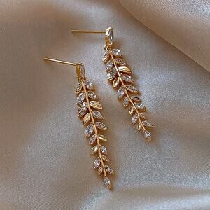 Dangle Drop Earrings Gold Olive Leaf Drop Crystal Rhinestones